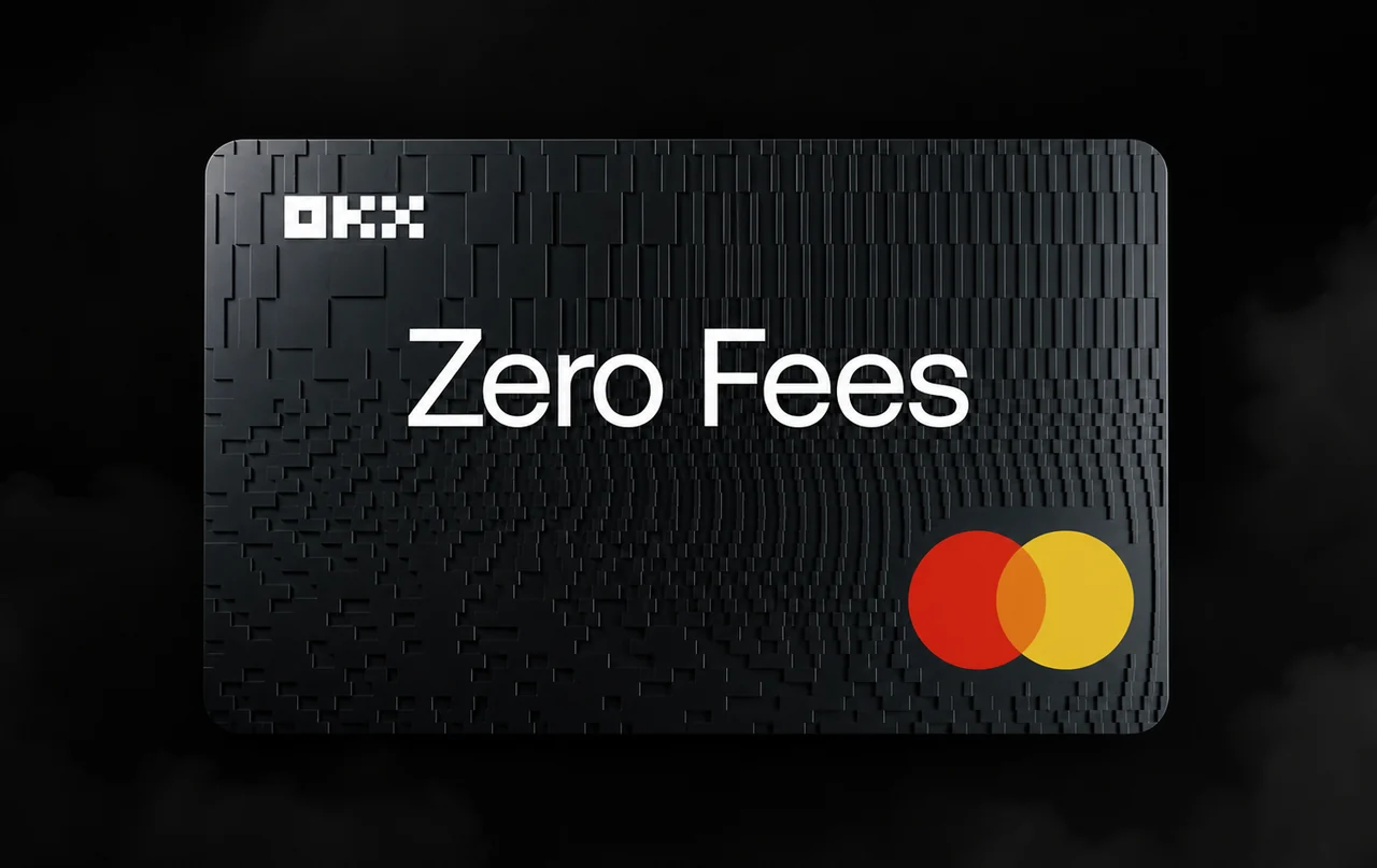 Black OKX virtual Mastercard with Zero Fees text