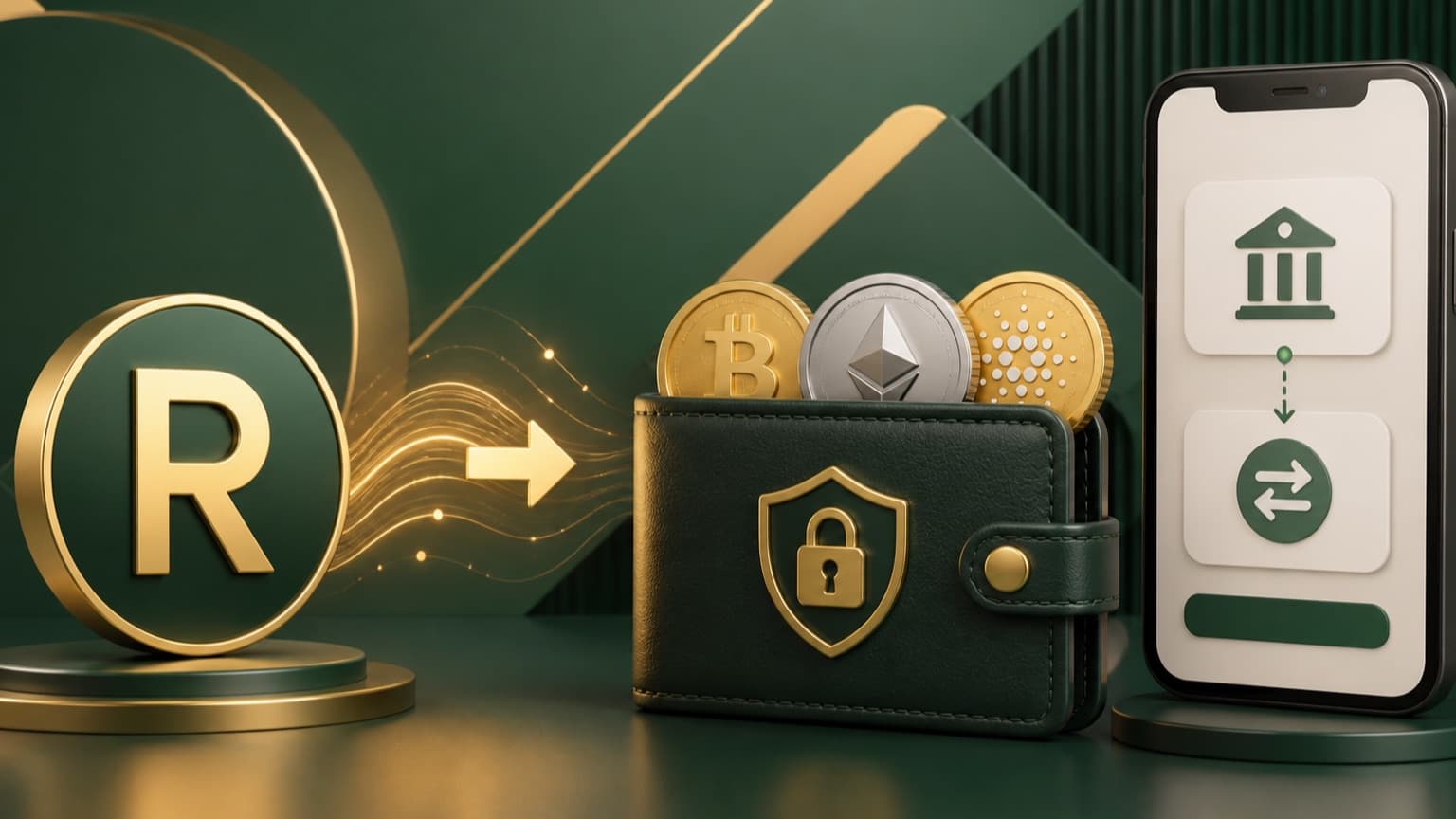 South African rand flowing from a bank app into a secure crypto wallet