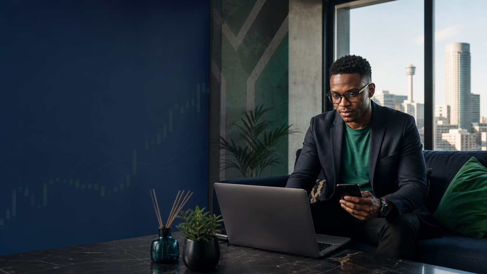 A South African investor reviewing a portfolio in Johannesburg
