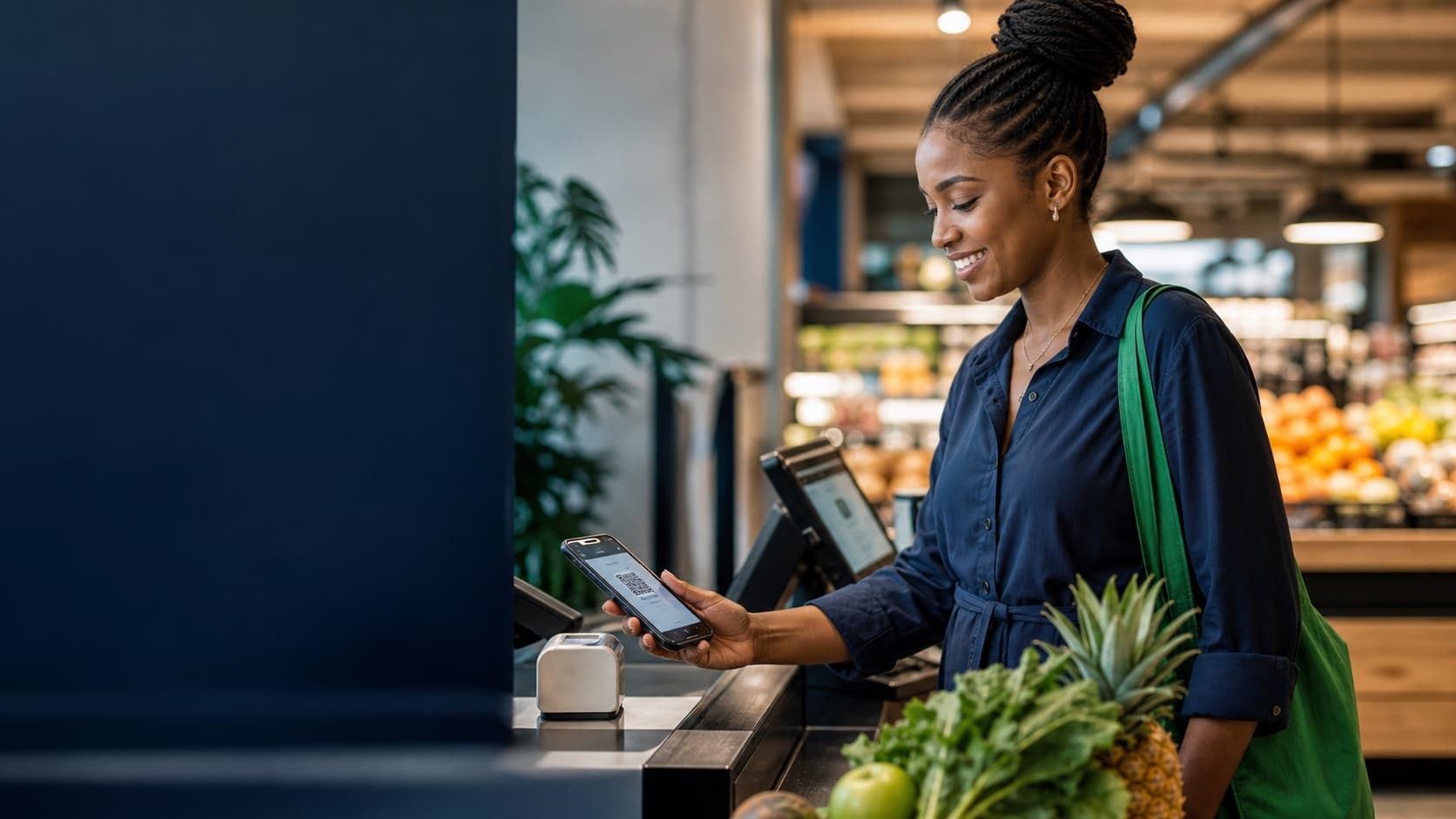 A South African shopper paying by QR code at a grocery till