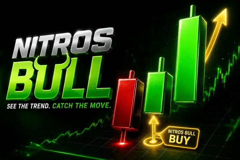 Nitros Bull artwork with green and red candlesticks and a buy signal