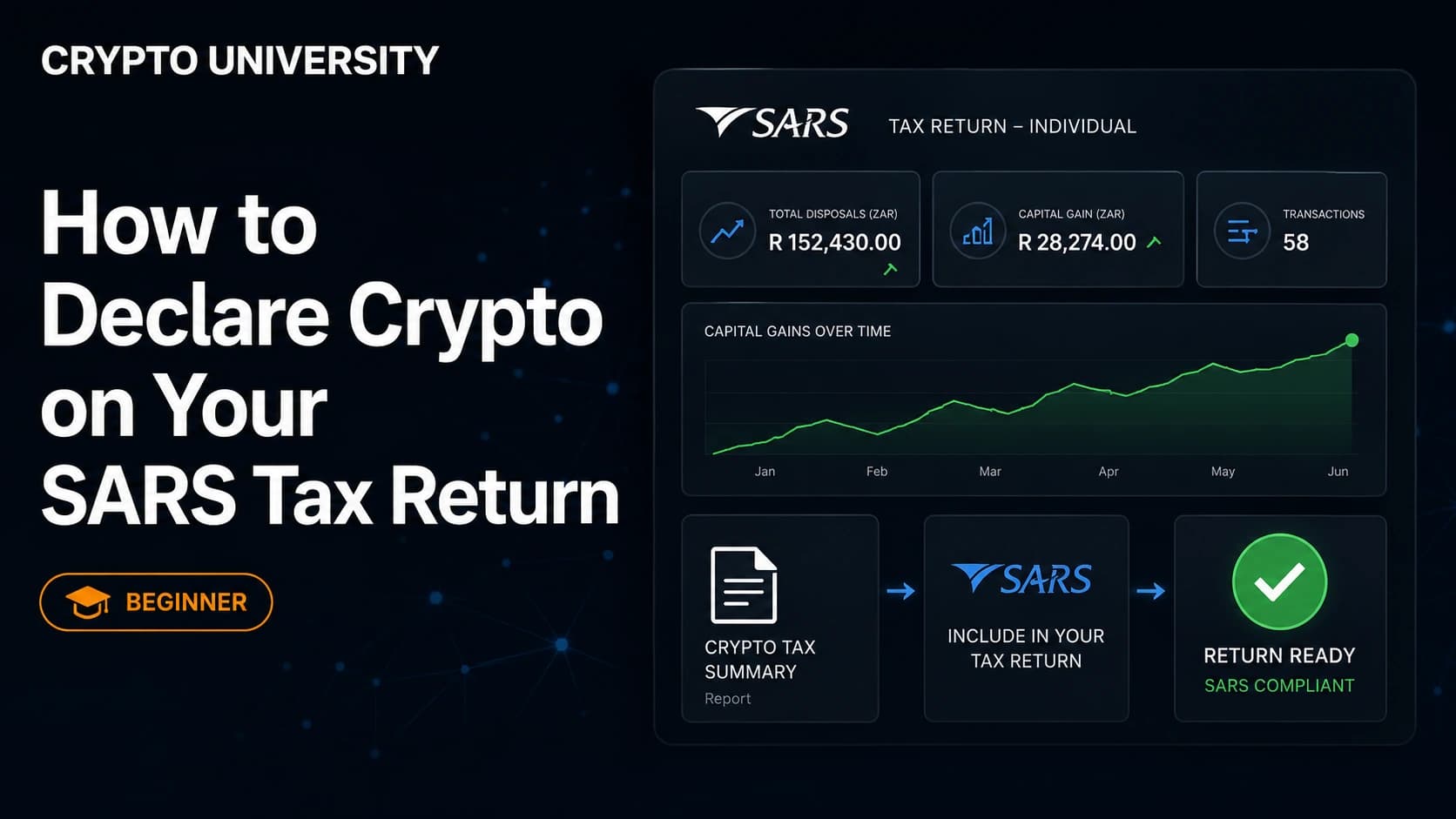SARS tax return dashboard with crypto disposals, capital gains and transaction records