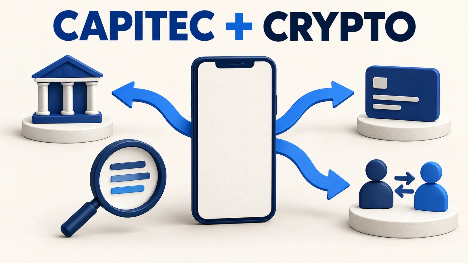 A blank conceptual phone branches towards bank, card and peer-payment symbols with a review magnifier.