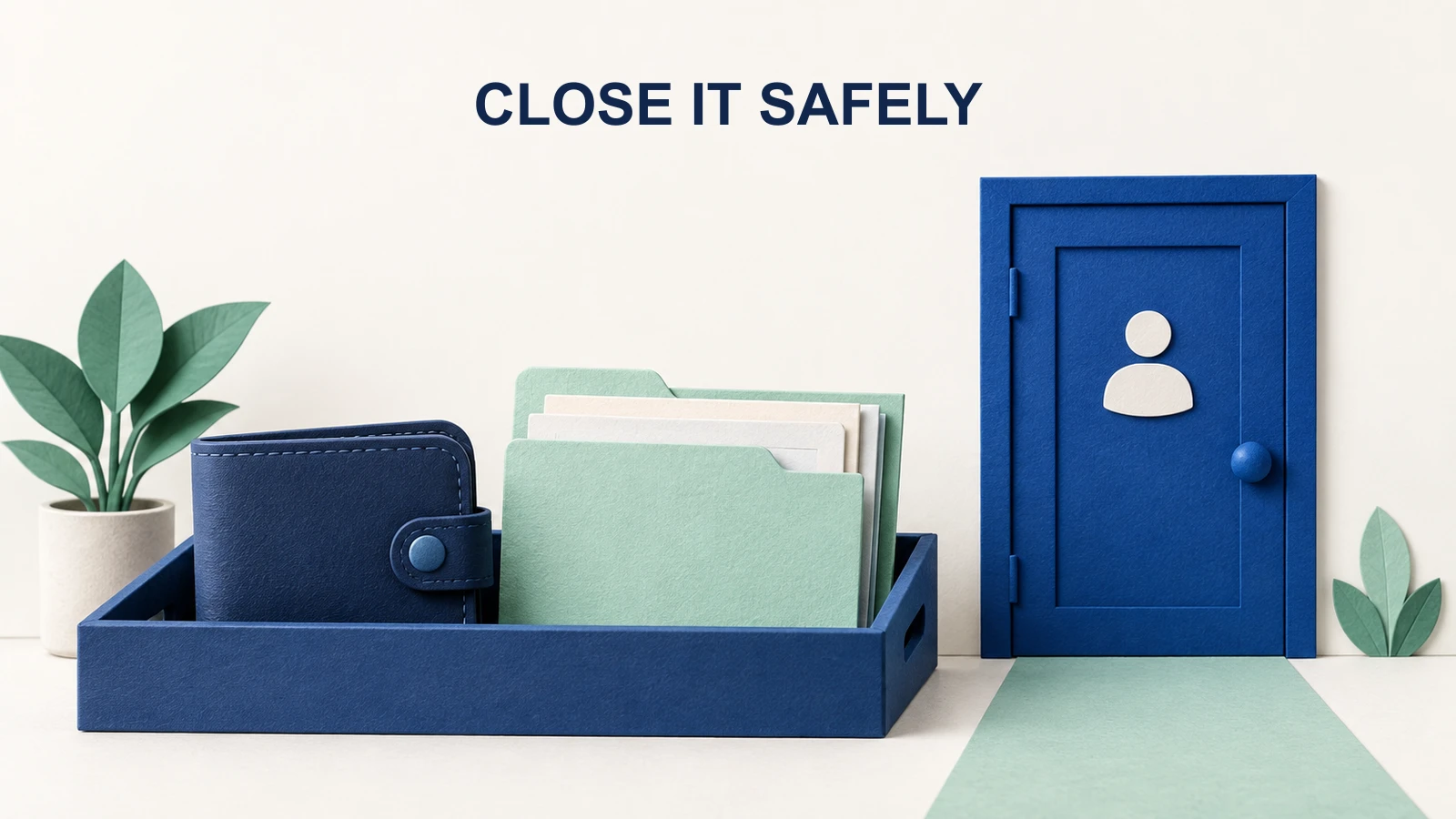 Wallet and archived records beside a closed account door.