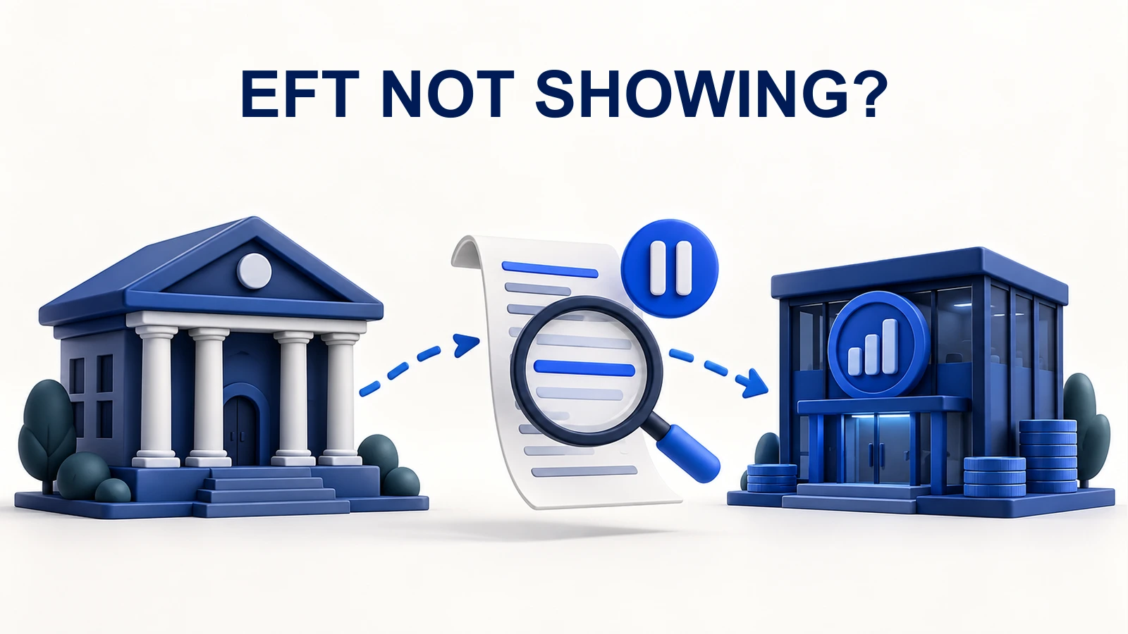 Illustrated bank and exchange separated by a paused transfer document, with a magnifying glass over its reference lines.