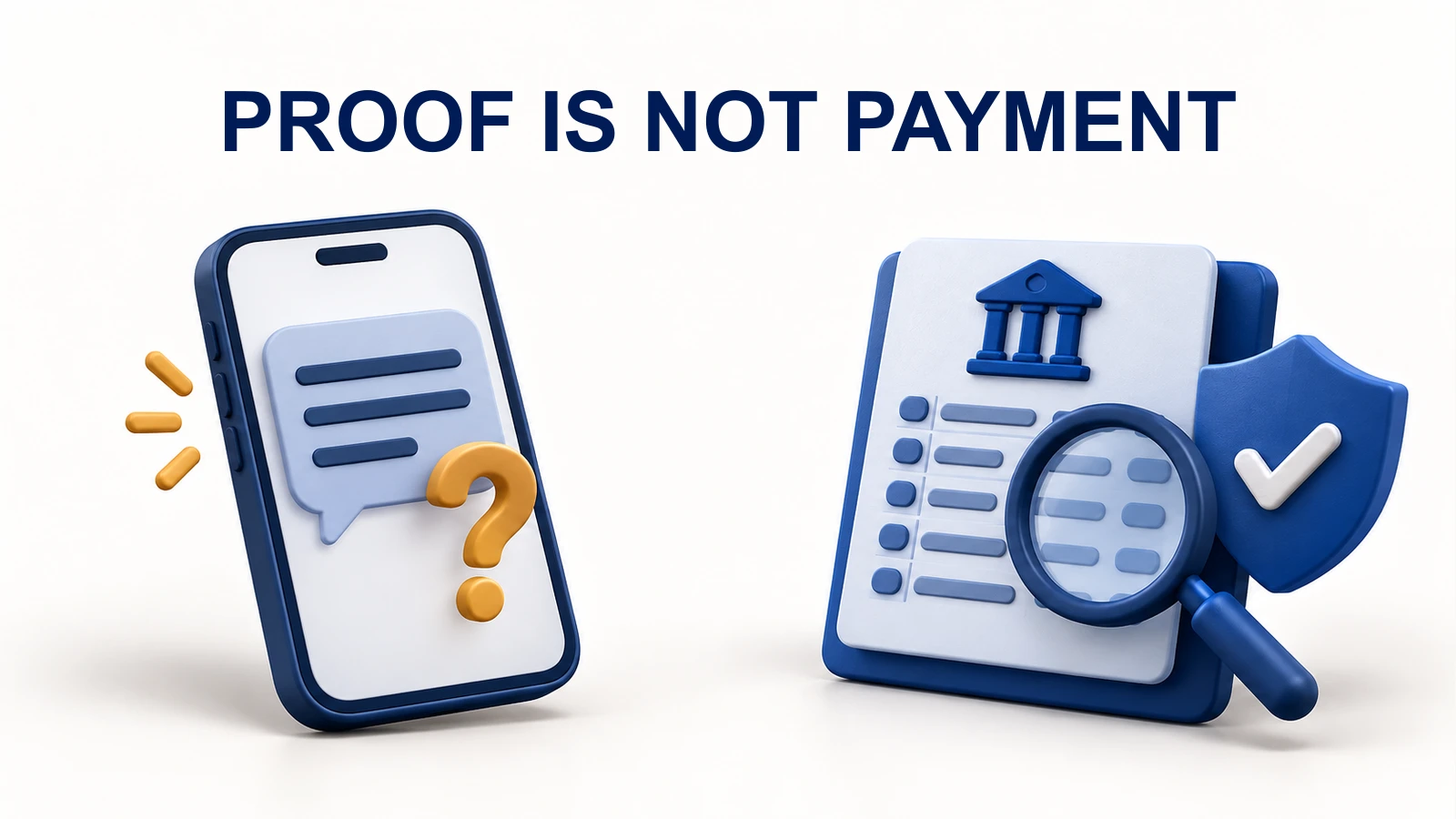 A schematic phone payment message beside an independently inspected bank ledger and shield.
