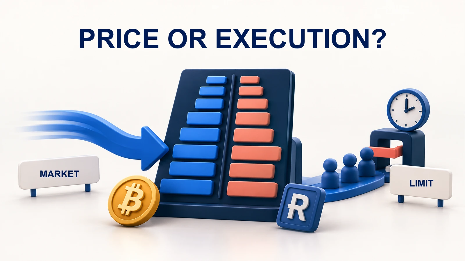 Schematic BTC and rand order book with market execution arrow and a waiting limit-order path.