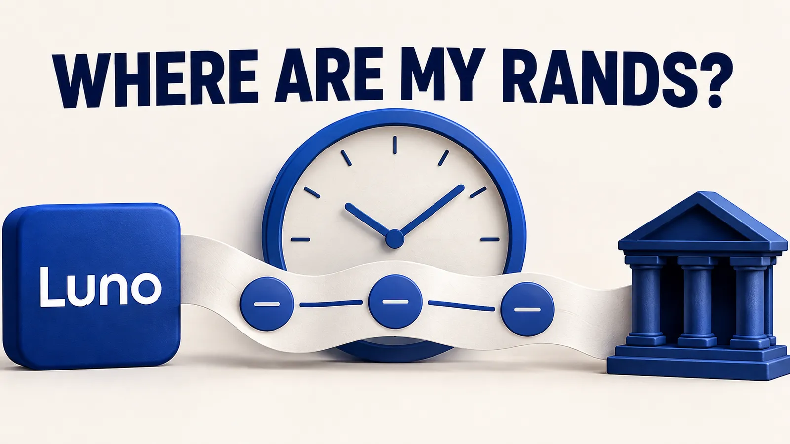Luno withdrawal timeline crosses a calm clock on its way to a bank symbol.