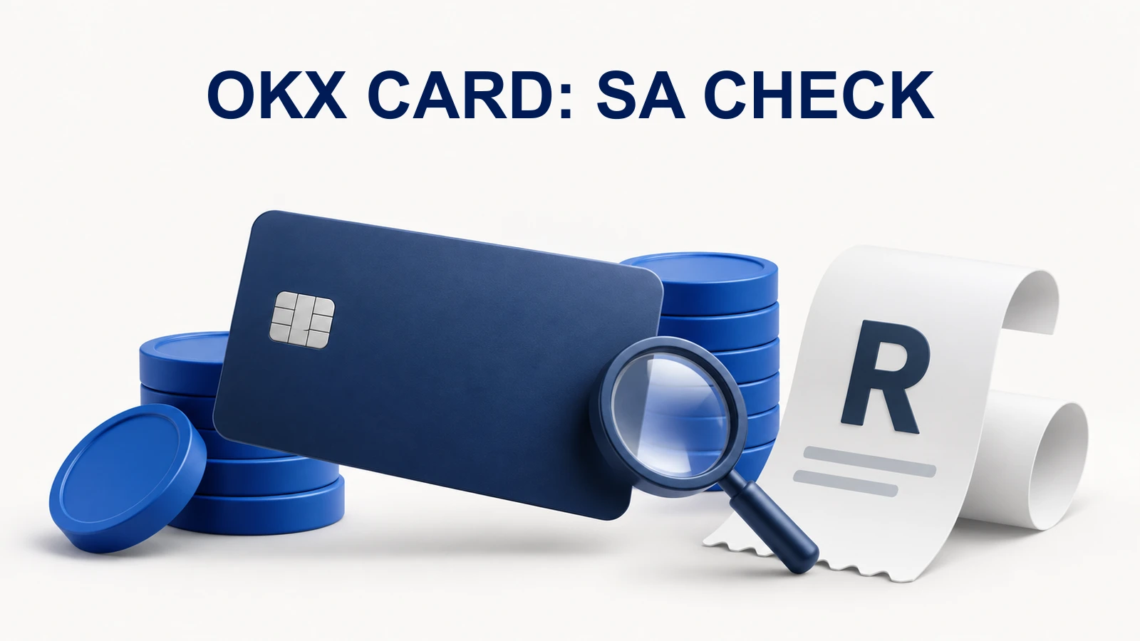 Generic unnumbered payment card, plain token discs, magnifying glass and an illustrative rand receipt.