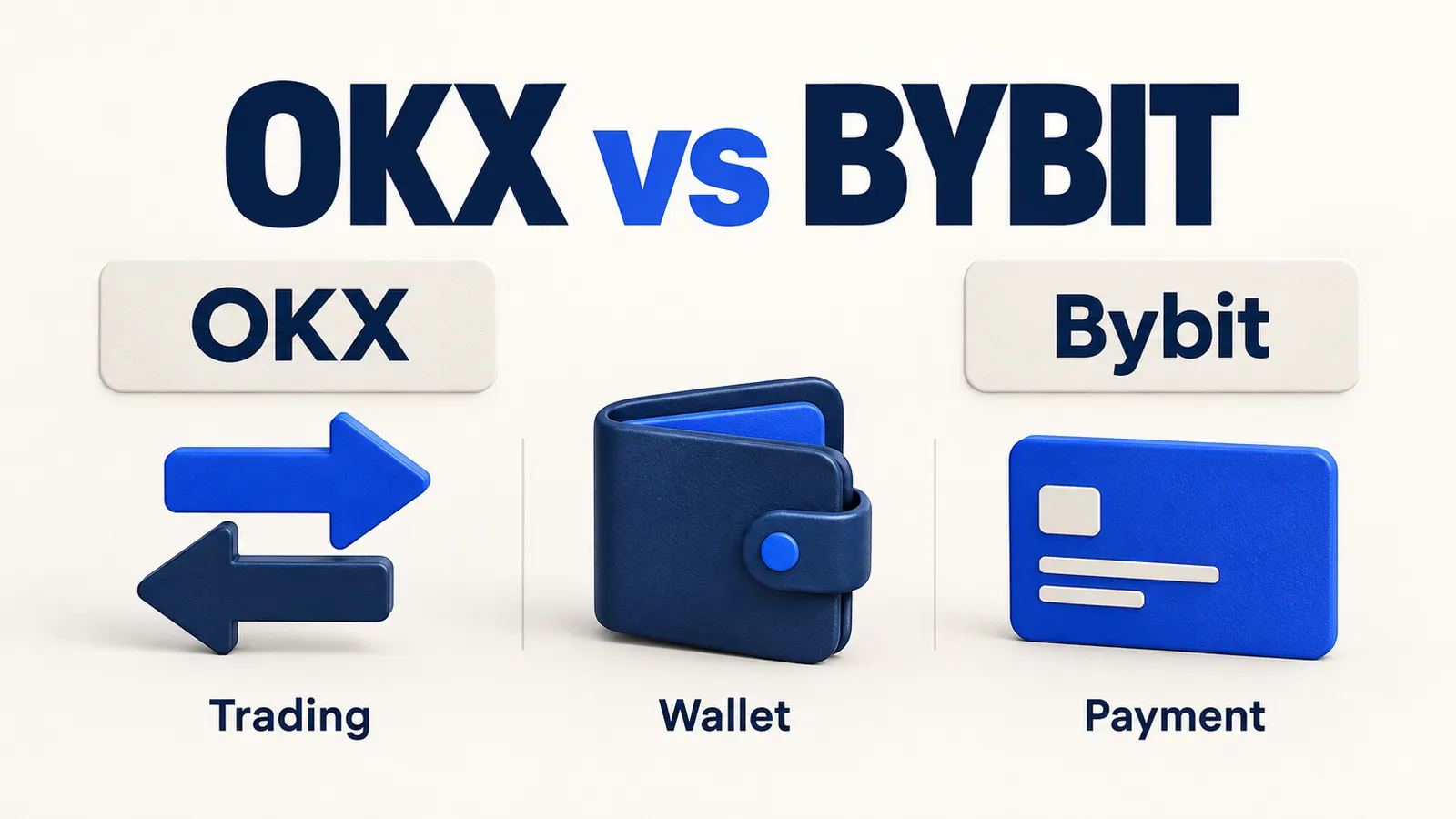 OKX versus Bybit with separate trading arrows, wallet and payment card symbols.