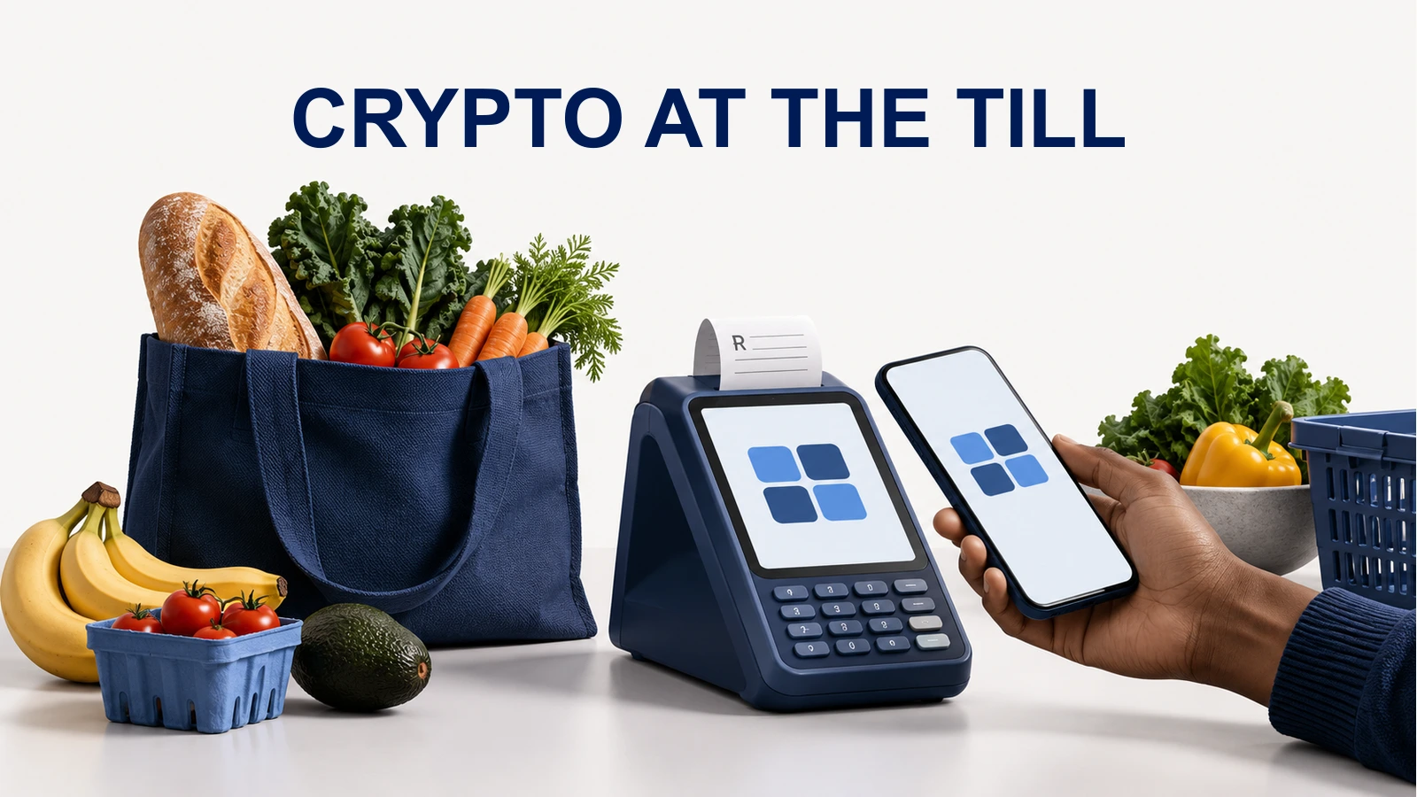 Generic grocery checkout with a phone and terminal showing nonfunctional four-square scan placeholders.