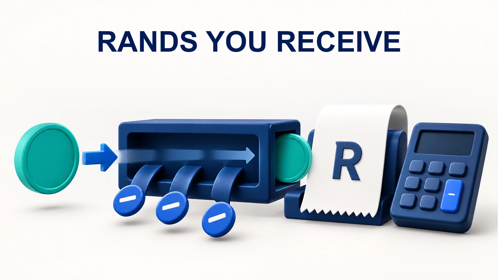 A token passes through conceptual fee deductions towards a rand receipt and calculator.