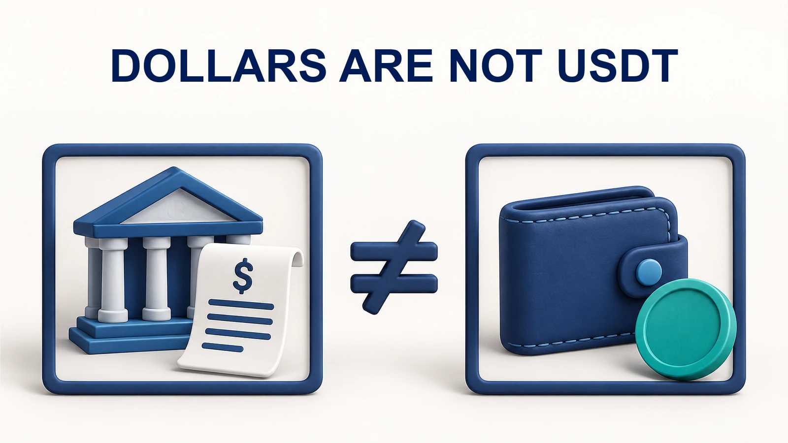 A dollar bank statement and a token wallet in separate frames divided by a not-equal symbol.