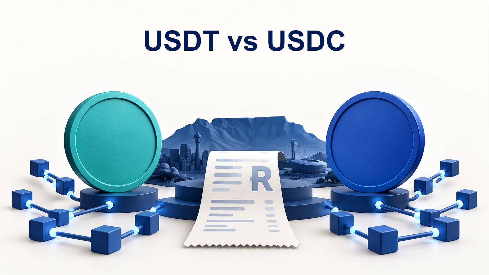 Teal and blue token discs above a rand receipt and branching network paths under the heading USDT vs USDC.