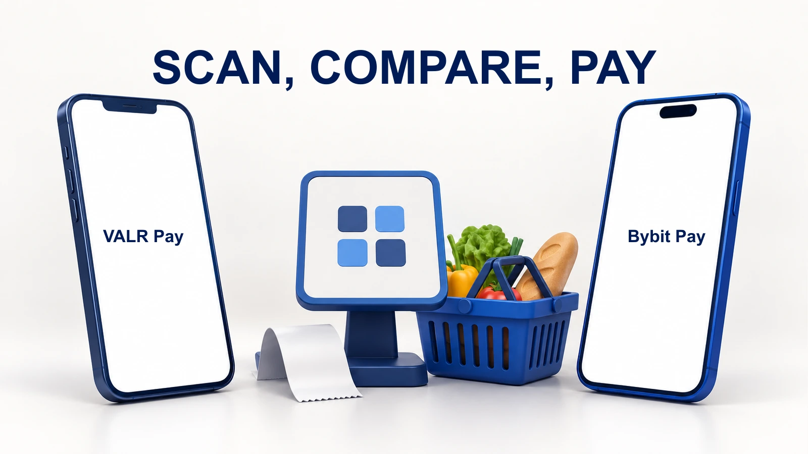 Two schematic phones labelled VALR Pay and Bybit Pay beside a generic merchant scan placeholder and grocery basket.