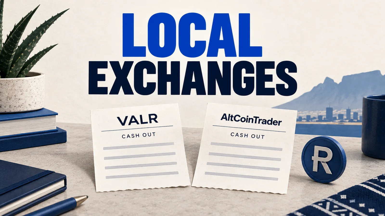 VALR and AltCoinTrader conceptual cash-out worksheets beside a rand symbol.