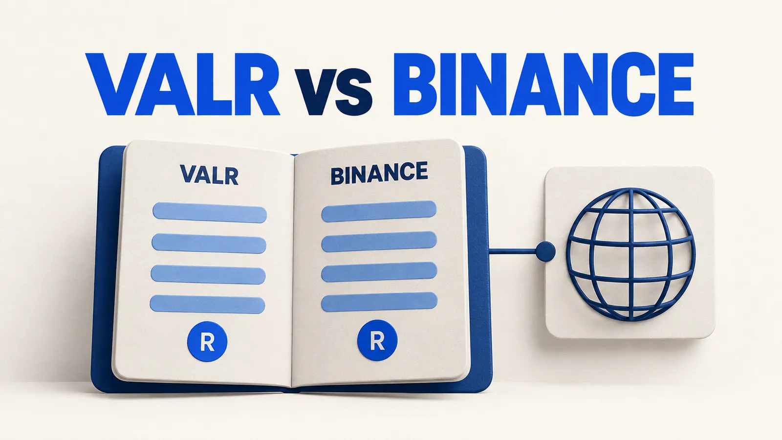 VALR versus Binance above a blank rand comparison ledger linked to a wire globe.