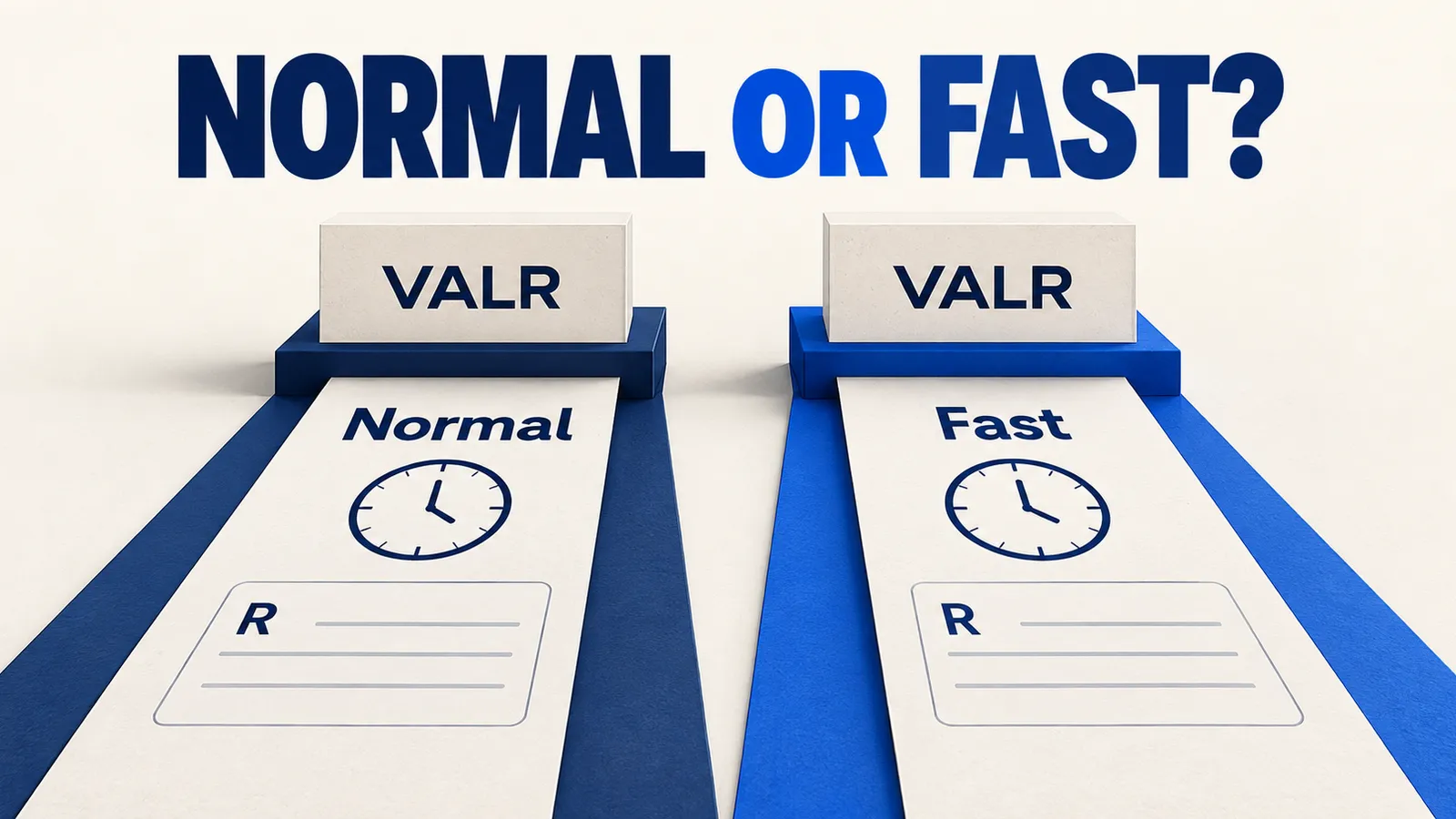 Two VALR payout lanes labelled Normal and Fast with clocks and blank rand worksheets.